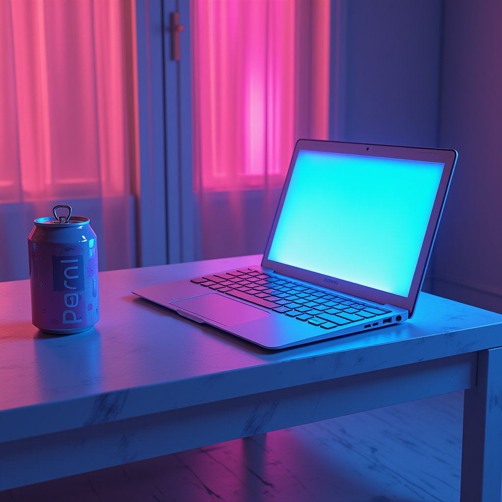 A laptop with a glowing blue screen and a soft drink can on a white table, illuminated by pink and blue neon lights.