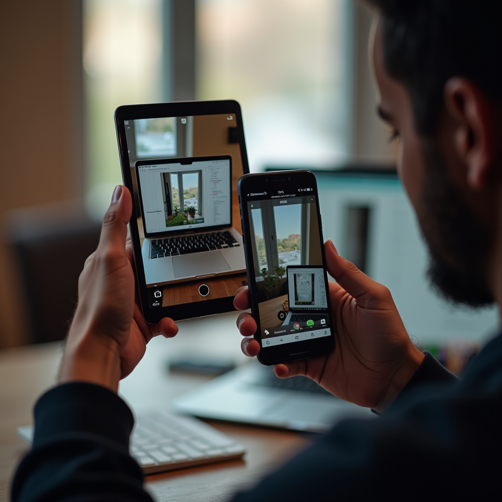 A person captures the same window scene on a tablet and smartphone, creating a digital recursive effect.