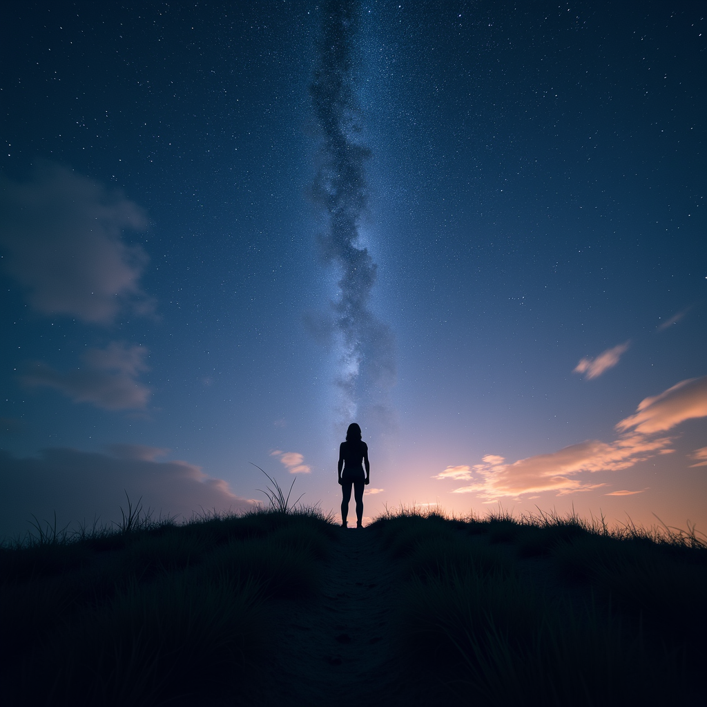 A person stands on a hill under a starry night sky, with the Milky Way prominently visible.