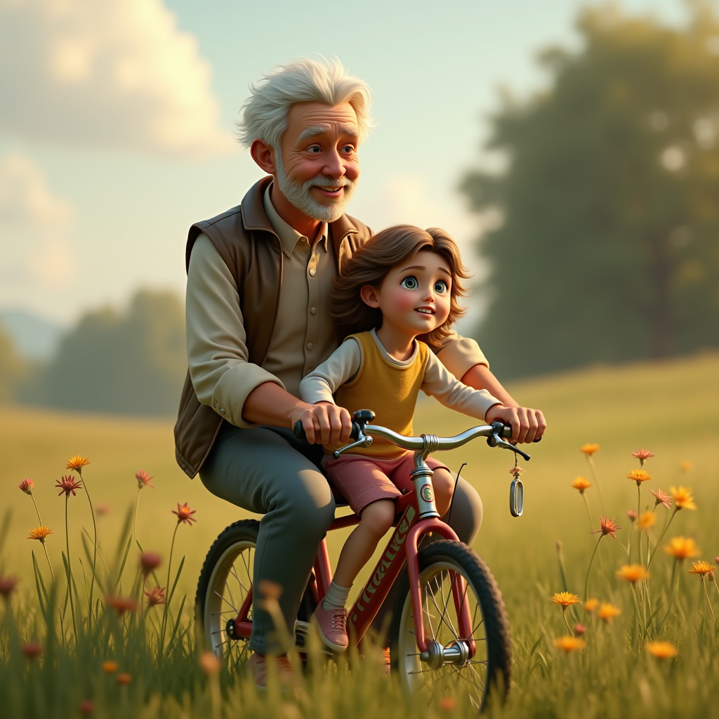 A grandfather and his grandchild ride a bicycle together through a sunny meadow filled with flowers.