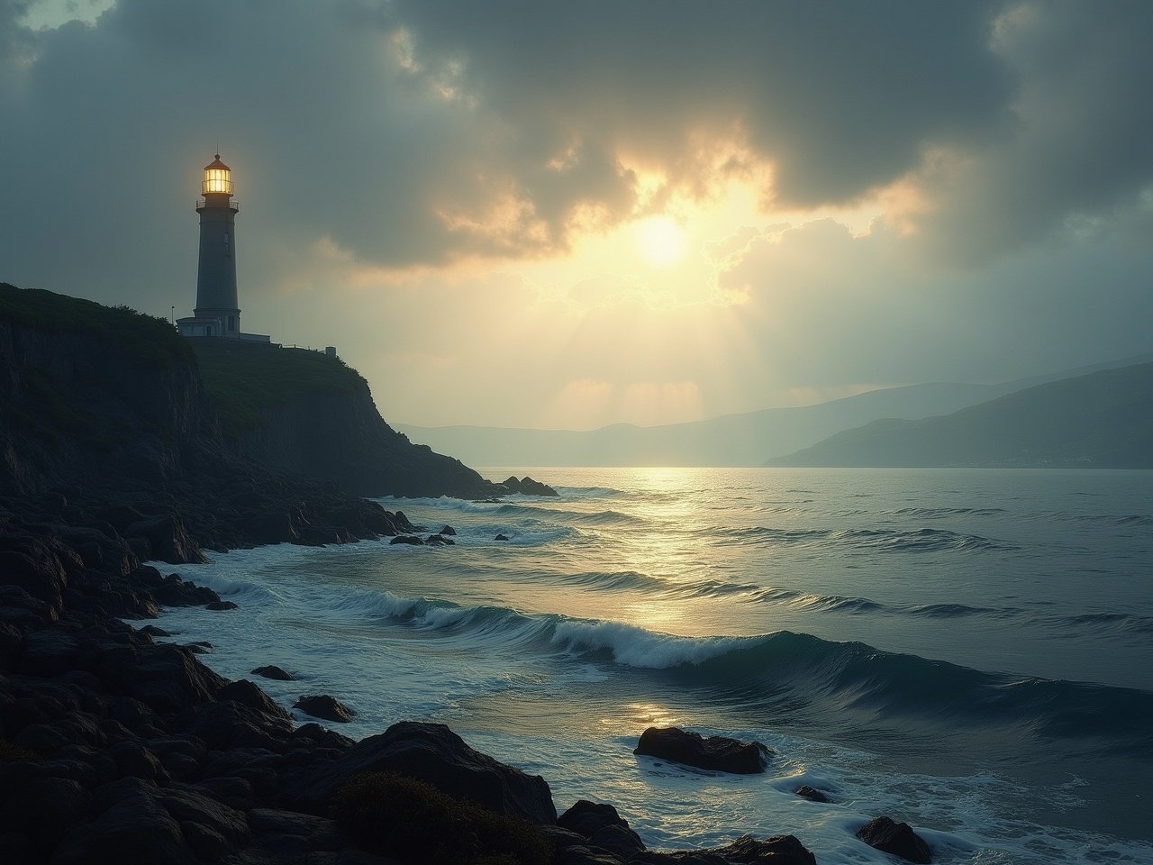 This image features a serene coastal landscape dominated by a majestic lighthouse. The scene showcases a tranquil sea with gentle waves that reflect the soft light of an overcast sky. The lighthouse is perched on a rugged cliffside, emitting a warm and inviting glow. There are dramatic clouds mixed with golden light, creating a beautiful play of shadows on the water. The foreground features rocky shorelines partially covered in seaweed, while the distant horizon includes rolling hills. The color palette combines deep blues and muted grays with soft golden hues to create a mystical atmosphere.