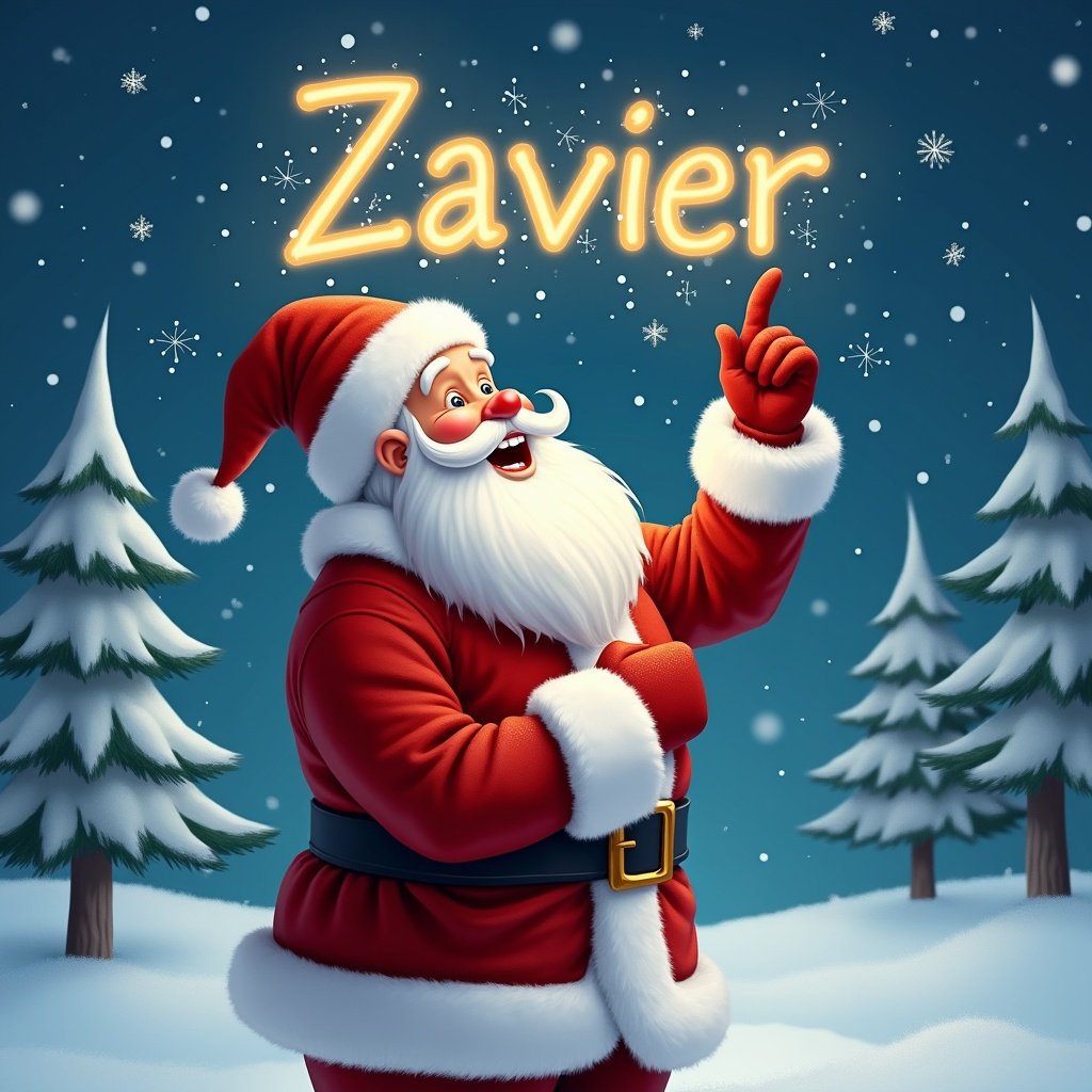 The image depicts a joyful Santa Claus standing in a winter wonderland. He is dressed in his traditional red suit with white trim and a matching hat. Santa is pointing upward as if he is magically writing a name in the sky. Snowflakes gently fall around him, adding to the festive atmosphere. In the sky, the name 'Zavier' is written in bright, glowing letters. The background features snowy trees, enhancing the Christmas scene.