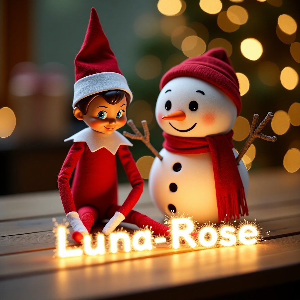 A cheerful elf on the shelf and a cute snowman are playing together during the Christmas season. They are sitting on a wooden table, surrounded by twinkling lights. The elf is wearing a classic red and white outfit, while the snowman has a friendly smile and a red scarf. Both characters are intently focusing on a set of sparkles spelling 'Luna-Rose.' It’s a warm and inviting scene that captures the holiday spirit. They're using a magic wand to create the sparkling letters with joy and excitement.