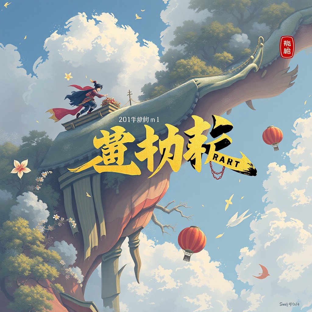 A character with a cape stands on a cliff edge above clouds, surrounded by floating lanterns and flowers.