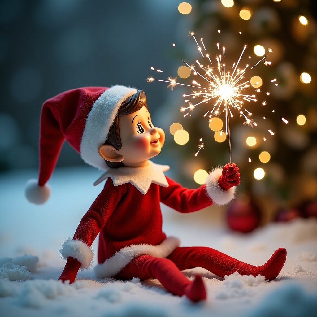 A charming Christmas elf in red attire with a festive hat sits in the snow. The elf is playfully holding a sparkler, writing names in the air. Surrounding the elf are beautiful holiday decorations and a softly lit Christmas tree in the background. The scene captures a joyful essence of the holiday season. Names like 'Annabelle' and 'Michelle' add a personal touch to the festive atmosphere.