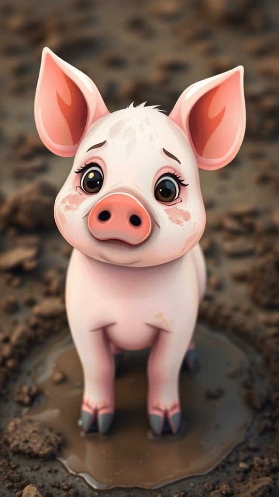 A cute cartoon piglet with large sad eyes stands in a muddy puddle.