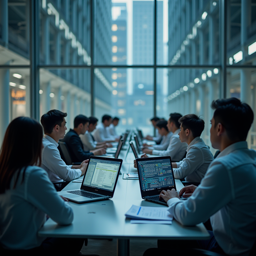 A large group of people in business attire working on laptops at long tables in a modern, open office with a cityscape view.