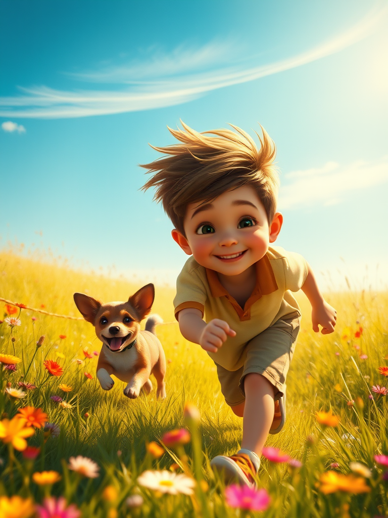 A young boy and a small dog happily running through a field of colorful flowers under a bright blue sky.