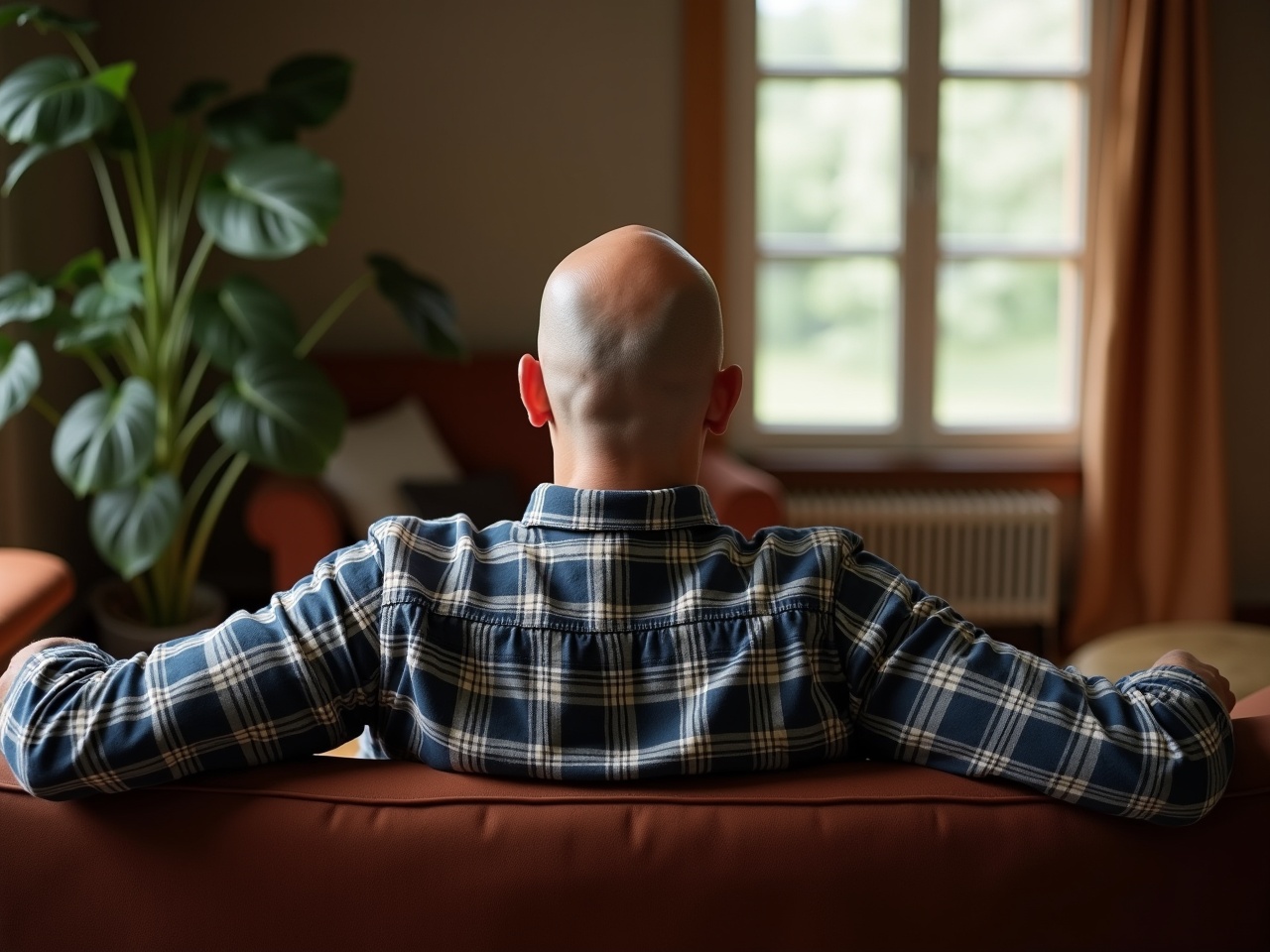 A bald man is seated on a sofa, viewed from behind. He is wearing a stylish flannel shirt that adds a casual vibe to the scene. The room is cozy, with natural light streaming through the window. A large green plant adds a touch of nature to the space. The setting evokes a sense of relaxation and comfort.