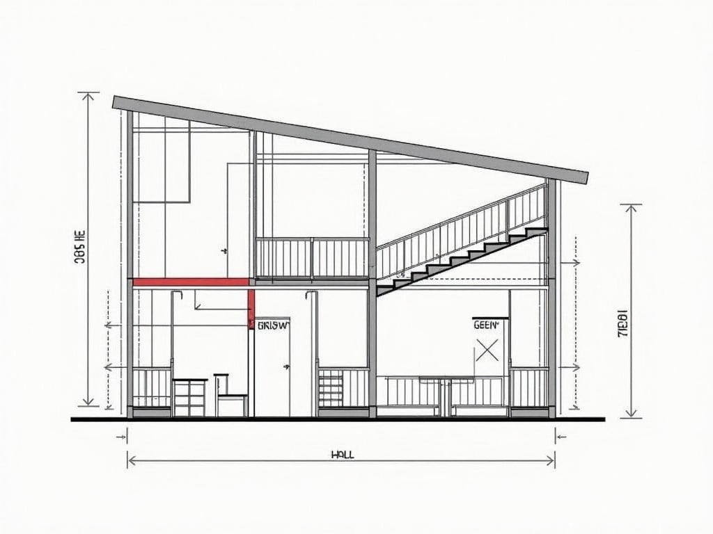 The image is a detailed architectural section plan of a two-story building. It shows the layout of different rooms such as a kitchen, hall, WC, and storage areas. The plan includes measurements and annotations indicating different dimensions and components of the structure. Windows and doors are marked distinctly, providing a clear view of their placement. The diagram also highlights the staircase connecting the two floors, along with some interior furnishings like tables and cabinets.