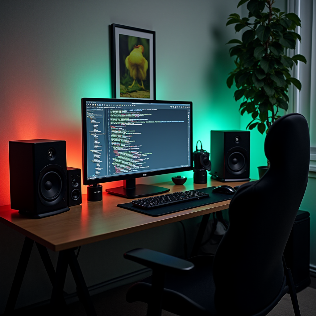 A computer desk setup with a large monitor displaying code, flanked by speakers and lit by vibrant colored lights.