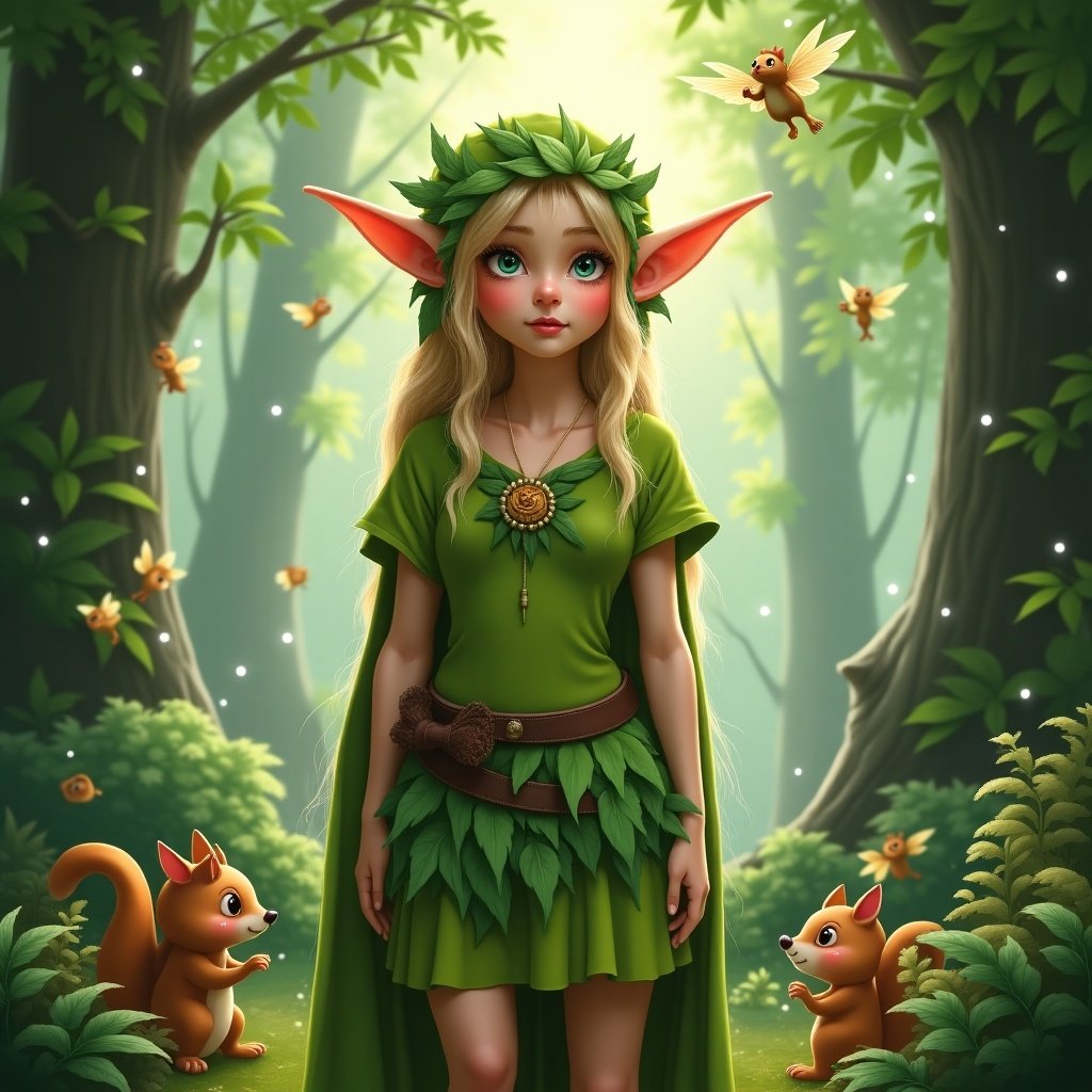 A beautiful elf girl stands in a magical forest surrounded by trees. She has long blonde hair decorated with leaves and cute animal friends by her side. Her dress is made of green leaves, and she has large, pointed ears. Soft light filters through the trees, giving the scene a whimsical look. Small fairies flutter around her in the enchanting setting. This artwork captures the essence of a fantasy world filled with magic and nature.