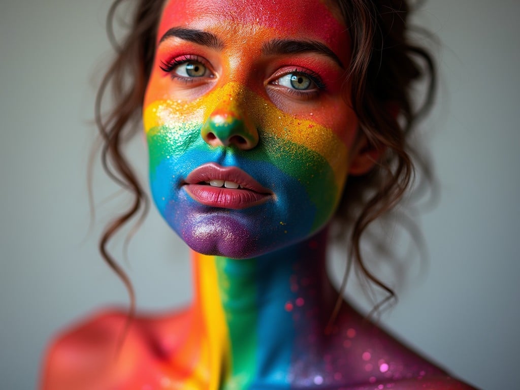 A person is covered in vivid, rainbow-colored body paint against a dark background.