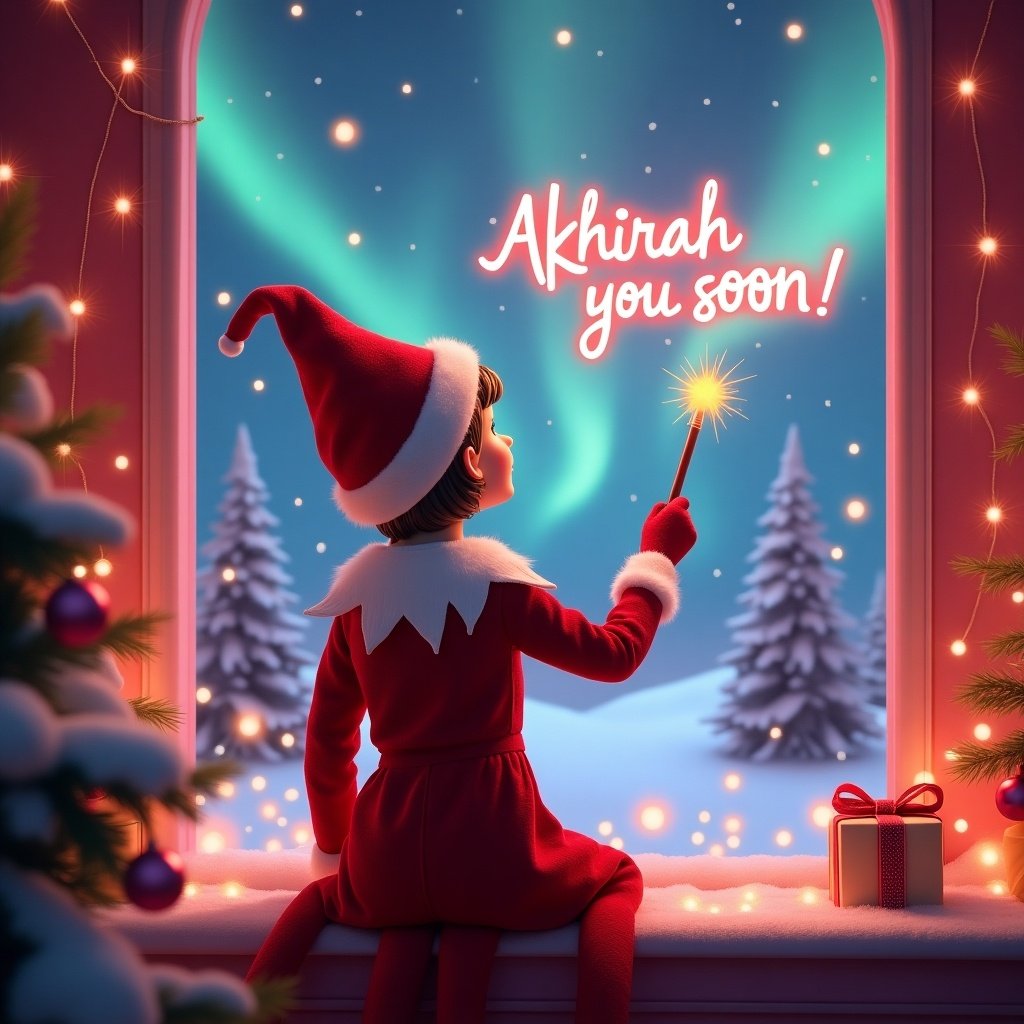 The scene features a charming elf on the shelf, dressed in traditional red and white attire. This enchanting character stands facing a beautifully lit window, where vibrant northern lights set a magical backdrop. The elf holds a wand, creating glowing script in the air that reads 'Akhirah you soon!'. The window is framed with festive decorations, conveying the spirit of Christmas. The colors are bright and cheerful, evoking joy and wonder in a whimsical setting.