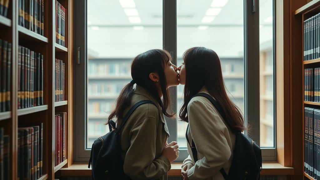 Two young individuals share a gentle kiss near a large library window, evoking a sense of intimacy and warmth. The soft natural light filters through the window, illuminating the rows of books on either side, creating a serene and peaceful atmosphere. Their casual attire and backpacks suggest a scholastic setting, enhancing the image of a tender moment between students.