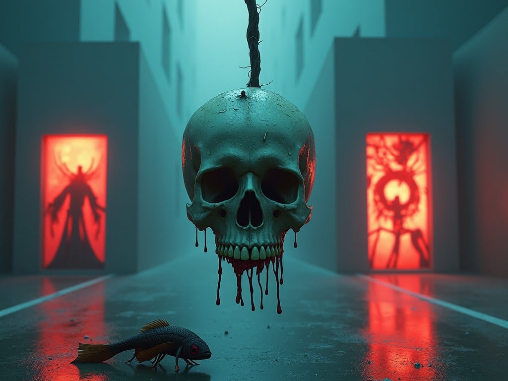 In a futuristic silent city, a large skull hangs from a branch, with dark fluid dripping from it. Nearby, there is an unusual fish that has legs, creating a striking contrast. The setting features various doors that are uniquely designed, glowing in different colors and exuding a bloody, eerie essence. The atmosphere is heavy and dark, highlighted by a dim light that creates chilling shadows. There is also a knife that resembles a musical instrument, adding to the surreal nature of the scene.