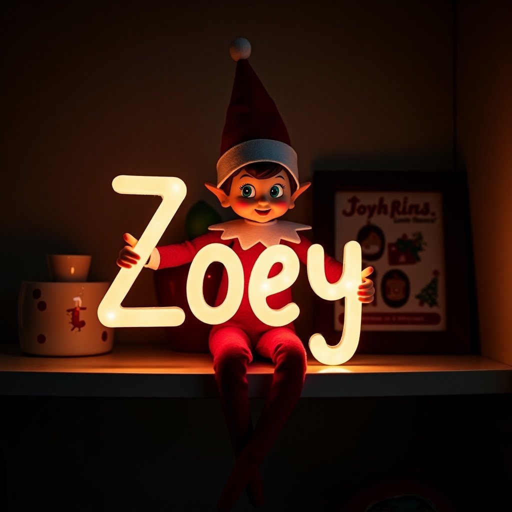 This image features a charming elf on the shelf, dressed in traditional red and white attire. The elf is joyfully holding a glow stick that spells out the name 'Zoey' in bright light. The background is dark, which enhances the glow of the letters, creating a magical effect. The scene evokes the spirit of Christmas and showcases the joy of the holiday season. It's a delightful representation of festive cheer and childhood wonder.