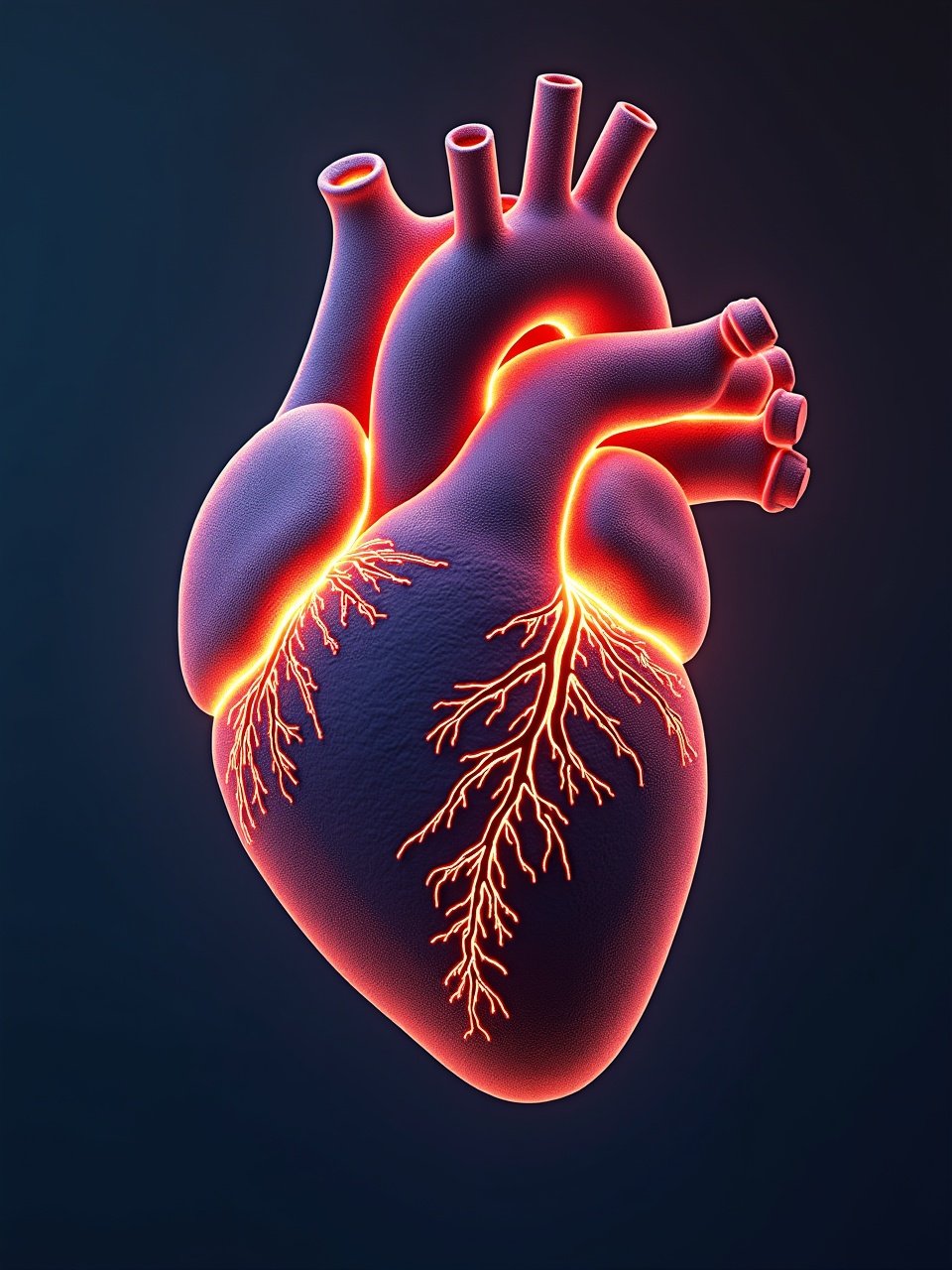 This image features an artistic representation of a human heart. The heart is stylized with a glowing effect that highlights its anatomical details. Veins and arteries are depicted with vibrant lines that enhance the heart's structure. The background is dark, making the heart pop with its luminous appearance. This illustration is designed to capture the attention of viewers interested in biology and health.