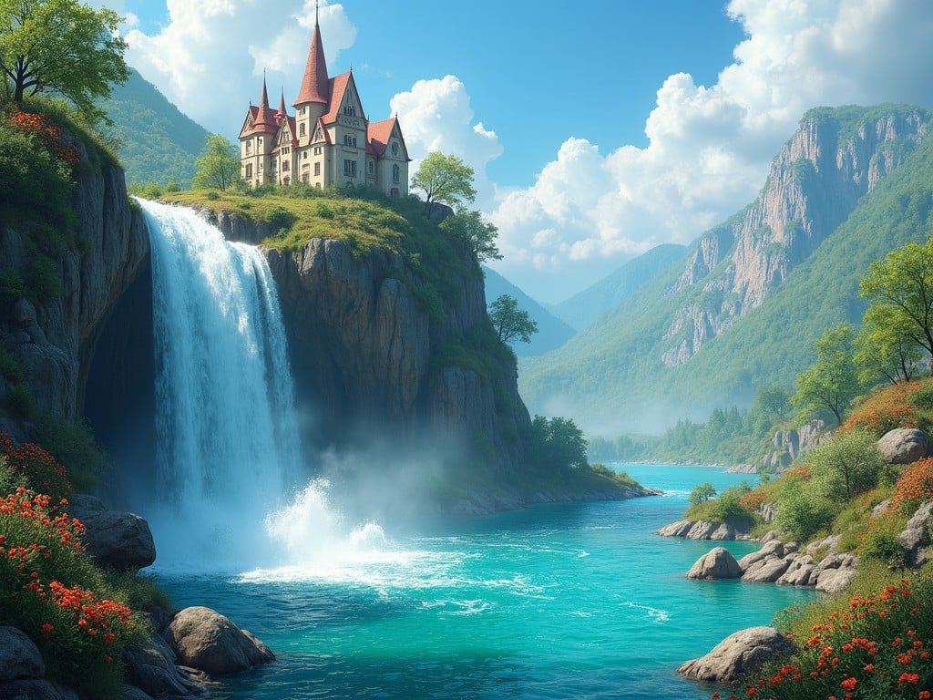 The image depicts a beautiful fantasy landscape featuring a majestic castle perched on a cliff overlooking a large, cascading waterfall. The vibrant turquoise water flows down into a serene river, surrounded by lush greenery and flowering plants. In the background, majestic mountains loom under a bright blue sky dotted with fluffy white clouds. This idyllic scene evokes feelings of tranquility and wonder. It portrays a perfect blend of nature's beauty and human architecture, inviting viewers to imagine a story behind the setting.