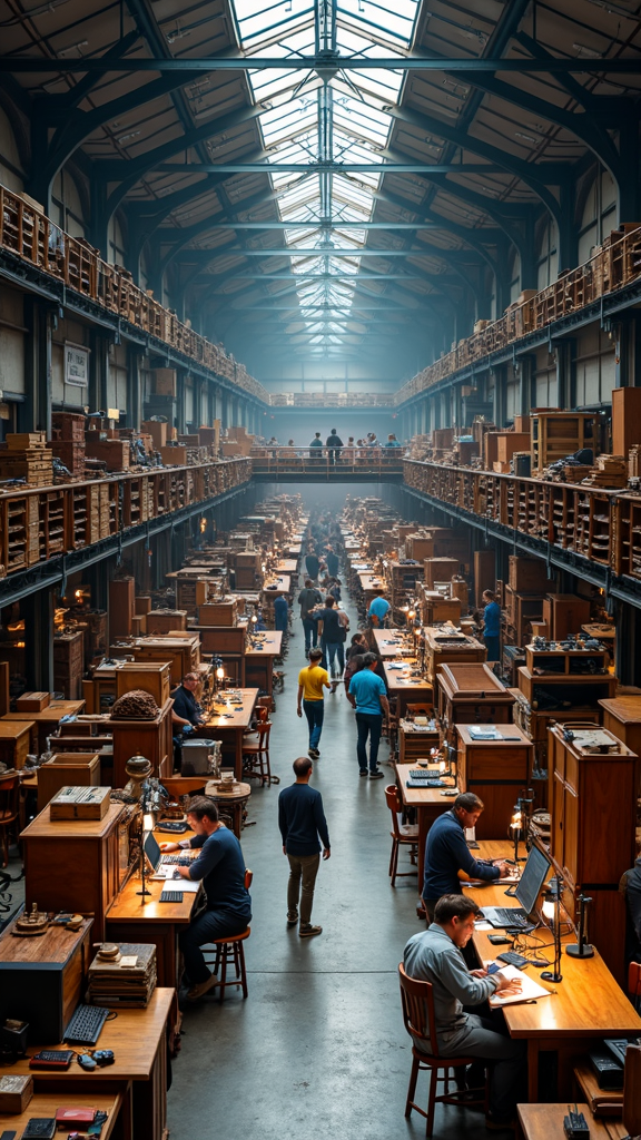 A vast, open hall filled with numerous people working at wooden desks, surrounded by stacks of documents and equipment, under a high glass ceiling.