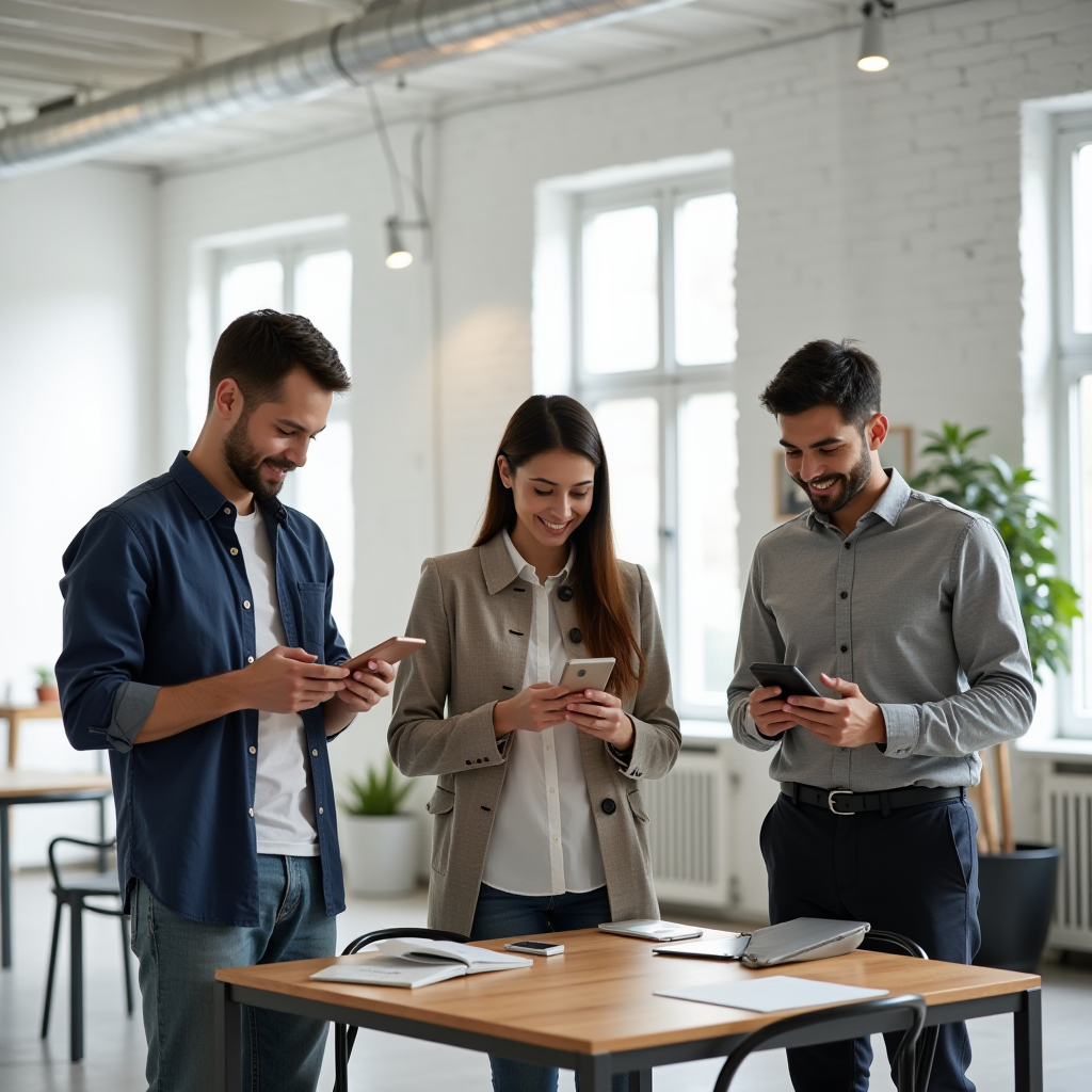 Three people standing in an office, interacting with their phones while smiling.