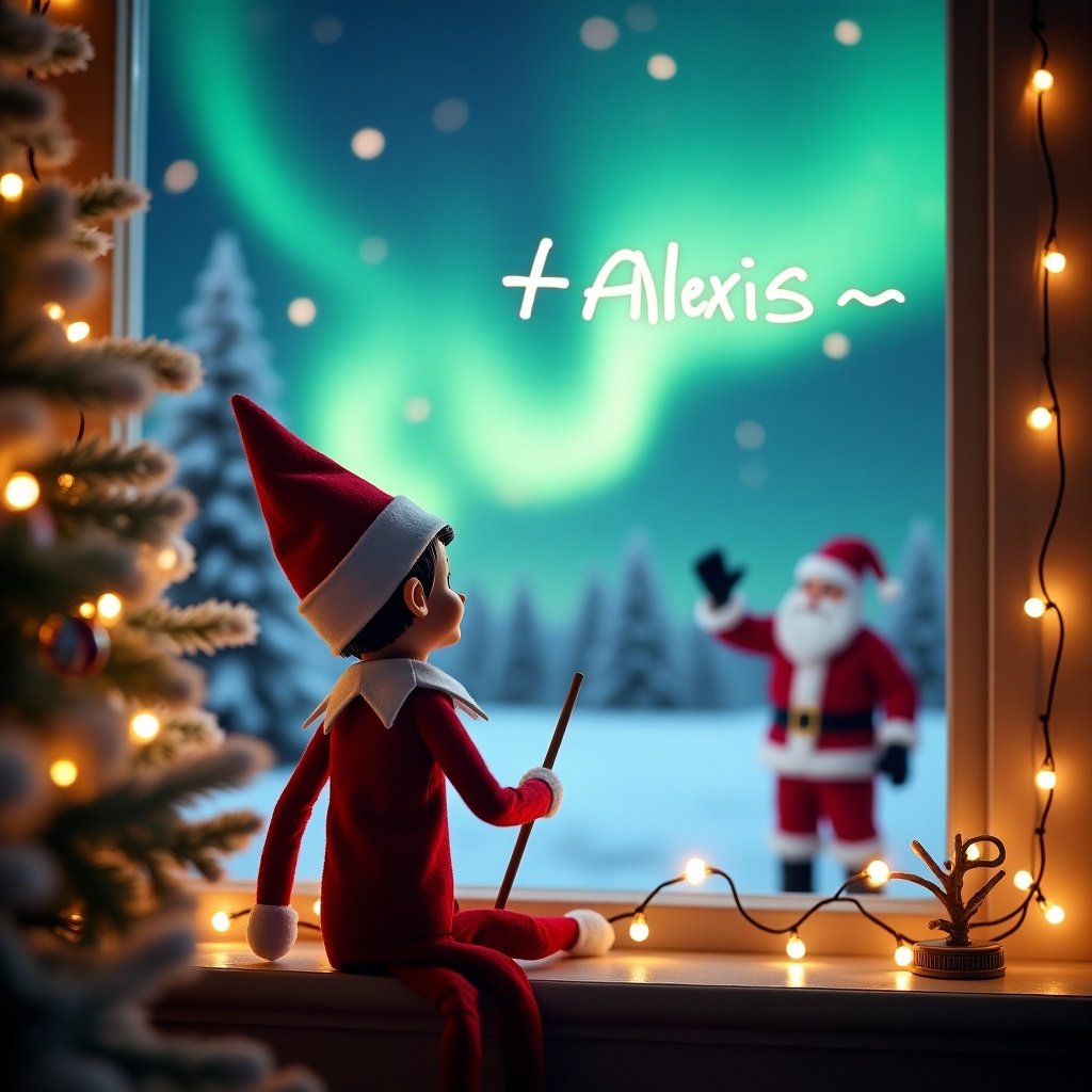 This image features an Elf on the Shelf with his back to the viewer, gazing up at the sky. The elf holds a wand, seemingly writing 'Alexis' in the sky.  The backdrop showcases a beautiful, magical Christmas scene with vibrant Northern Lights and a decorated Christmas tree.  The cozy room is adorned with twinkling lights and festive ornaments, enhancing the holiday spirit. Outside the window, snow-covered trees and a snowy landscape provide a serene winter atmosphere. This enchanting scene captures the essence of childhood magic and the joy of the holiday season.