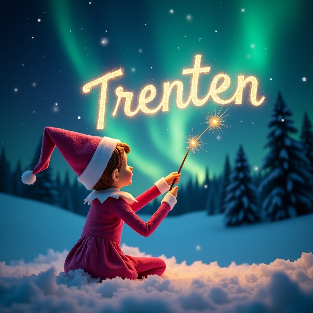 This image showcases an elf on the shelf positioned with its back to the viewer. The elf has auburn hair and is dressed in a traditional pink outfit. It is facing up towards a beautiful dark sky filled with vibrant northern lights. With a magic wand in hand, it is elegantly writing the name Trenten in sparkling letters. The snowy ground adds a serene touch to the magical scene, evoking feelings of wonder and holiday cheer.