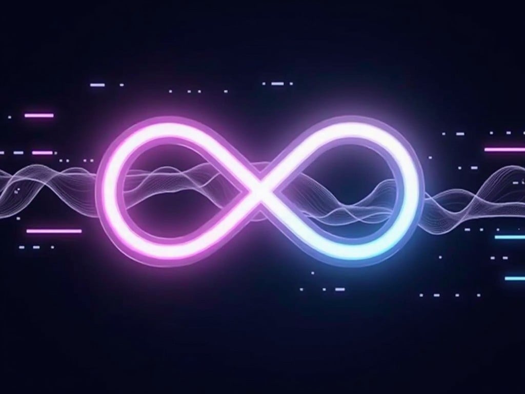 An infinity symbol designed with a glowing effect, transitioning from purple to blue. It is set against a dark background to enhance its brightness. Surrounding the symbol are glitch-like white lines that mirror the gradient. This design captures the idea of infinite possibilities and modern aesthetics. The glowing aspect adds a vibrant touch, appealing to tech-savvy audiences. The overall visual presents a sense of continuity and futuristic innovation.