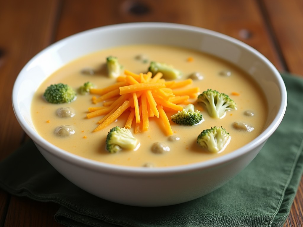 The image shows a bowl of creamy broccoli cheese soup on a wooden surface. The soup is light orange with visible chunks of broccoli and shredded cheese sprinkled on top. The bowl is white and round, contrasting with the deep brown toned tabletop. The soup appears thick and hearty, suggesting a warm, comforting dish. The setting includes a dark green fabric or placemat beneath the bowl, enhancing the rustic feel.