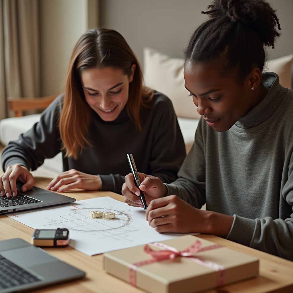 The image captures two young women engaged in a creative activity. They are seated at a wooden table, and one of them is focusing on a paper with a pencil sketch, seemingly drawing or planning something with the help of sugar cubes placed on the paper, indicating a 3D model or design. The woman with a bun hairstyle is actively drawing or making notes, while the other, with straight hair, is attentively looking at the laptop and smiling, suggesting she might be providing feedback or researching additional information.

The environment appears cozy with a softly lit room, and a wrapped gift box with a pink ribbon is visible on the table, adding an element of festivity or gift-giving to the scene. A compact camera rests nearby, possibly used to document their work or process. The atmosphere seems collaborative and warm, highlighting teamwork and creative exploration.