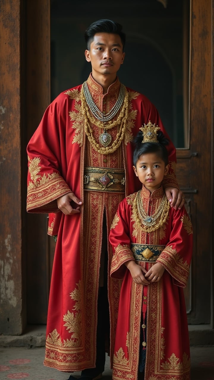 A young man and a child are dressed in elaborate red attire with golden embroidery, evoking a sense of historical grandeur and cultural richness. The ornate garments are complemented by intricate jewelry, hinting at royal or ceremonial significance. The image exudes an aura of dignity and heritage, framed against an understated background that highlights the elaborate costumes.