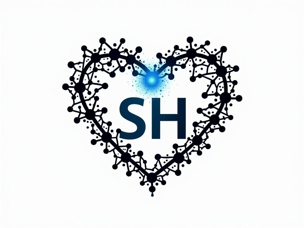 This image features a heart-shaped design composed of interconnected molecular structures. At the center of the heart is a glowing blue spark, drawing attention to the letters 'SH' in a bold font. The overall theme blends elements of science and emotion, conveying a sense of deep connection and vitality.