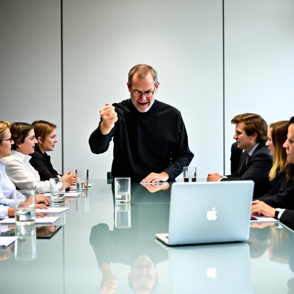 A charismatic leader passionately engages with a group around a boardroom table.