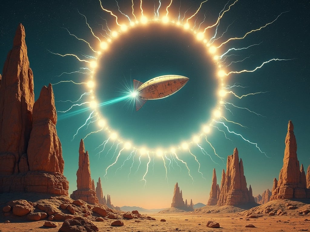 The image titled 'Electrospoon' is a surreal space rock album cover. It features a mysterious flying object, a plasma orb starship inside a bright circle. Surrounding it are ball lightnings that create a dramatic atmosphere. Below, the scene resembles the Pillars of Creation, showcasing towering rock formations in a stunning cosmic setting. This artwork evokes a sense of wonder and trepidation, suggesting exploration and encounters with the unknown. It perfectly reflects the thrilling musical experience that awaits listeners.