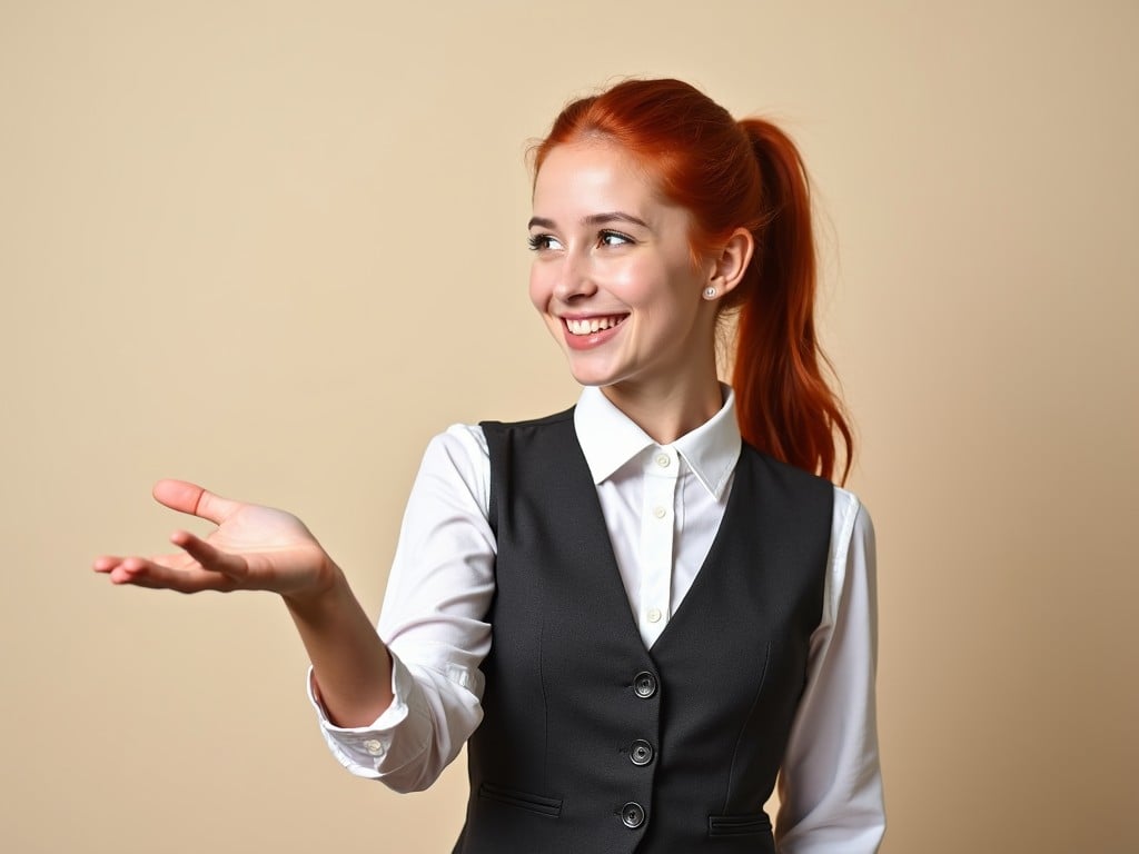 The girl in the picture has vibrant red hair and is wearing a stylish vest over a white shirt. She is looking to the side instead of directly at the camera, giving a welcoming gesture. Her hand is outstretched as if she is about to shake another person's hand, conveying a friendly demeanor. The background is a soft, neutral color that enhances her appearance. The overall vibe is professional yet approachable, highlighting her smiling expression.