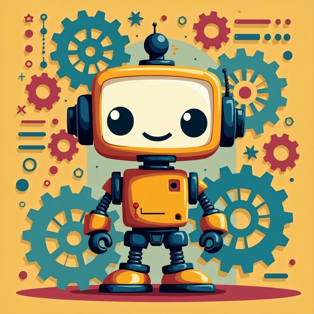 This image showcases a cartoon-style caricature robot, designed with a minimalist approach. The robot has a friendly smile and large expressive eyes, making it appealing to children. It stands against a backdrop of colorful gears, adding a playful and tech-inspired theme. The color palette includes vibrant yellows, oranges, and turquoises, giving a lively feel to the illustration. Overall, the design emphasizes simplicity while being visually striking.