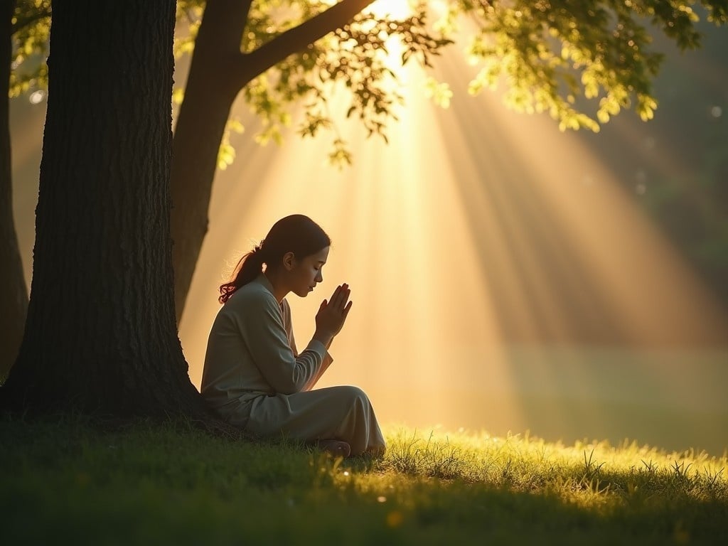 This image depicts a serene moment in nature where a person is praying, emphasizing a deep connection with God. The soft rays of sunlight are filtering through the trees, creating an ethereal atmosphere. The individual is seated with a calm demeanor, showcasing patience and devotion. This scene evokes feelings of tranquility and hope, making it a powerful visual representation of faith. It is perfect for illuminating themes of spirituality and divine connection.