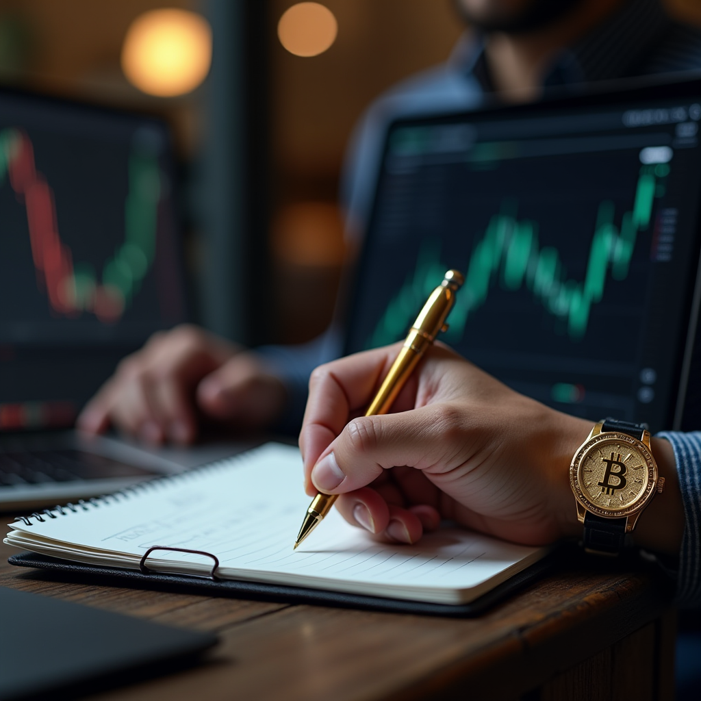 The image displays a person engaged in financial analysis or trading, with a strong emphasis on cryptocurrency. The focus is on the person's hand holding a golden pen, poised to write in a notebook, suggesting a moment of contemplation or strategizing. In the background, there are two laptops displaying candlestick chart graphs, indicative of market trends, likely related to cryptocurrency trading. The person is wearing a distinct watch with the Bitcoin logo, reinforcing the theme of cryptocurrency. The environment appears professional and focused, likely set in an office or a trading room, with dim lighting and a blurred bokeh effect adding to a sophisticated atmosphere.