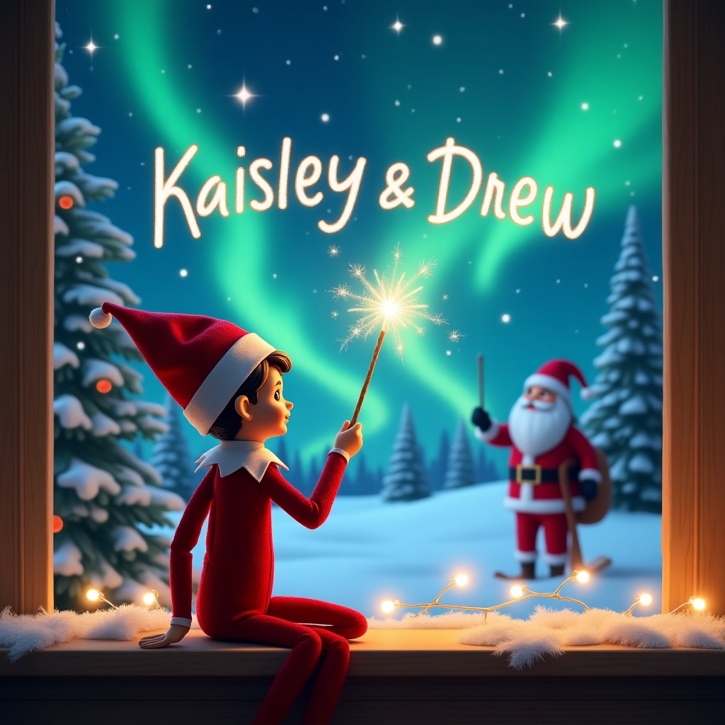 An enchanting Christmas scene featuring an elf on the shelf. The elf sits facing the sky, using a wand to magically write the names 'Kaisley, Drew, Kennedy, Mia, Ellie, and Silas' in the night sky. The background showcases beautiful northern lights illuminating a snowy landscape. In the distance, Santa Claus is also depicted, holding a wand and participating in the festive magic. The overall atmosphere is cheerful and festive, perfect for the holiday season.