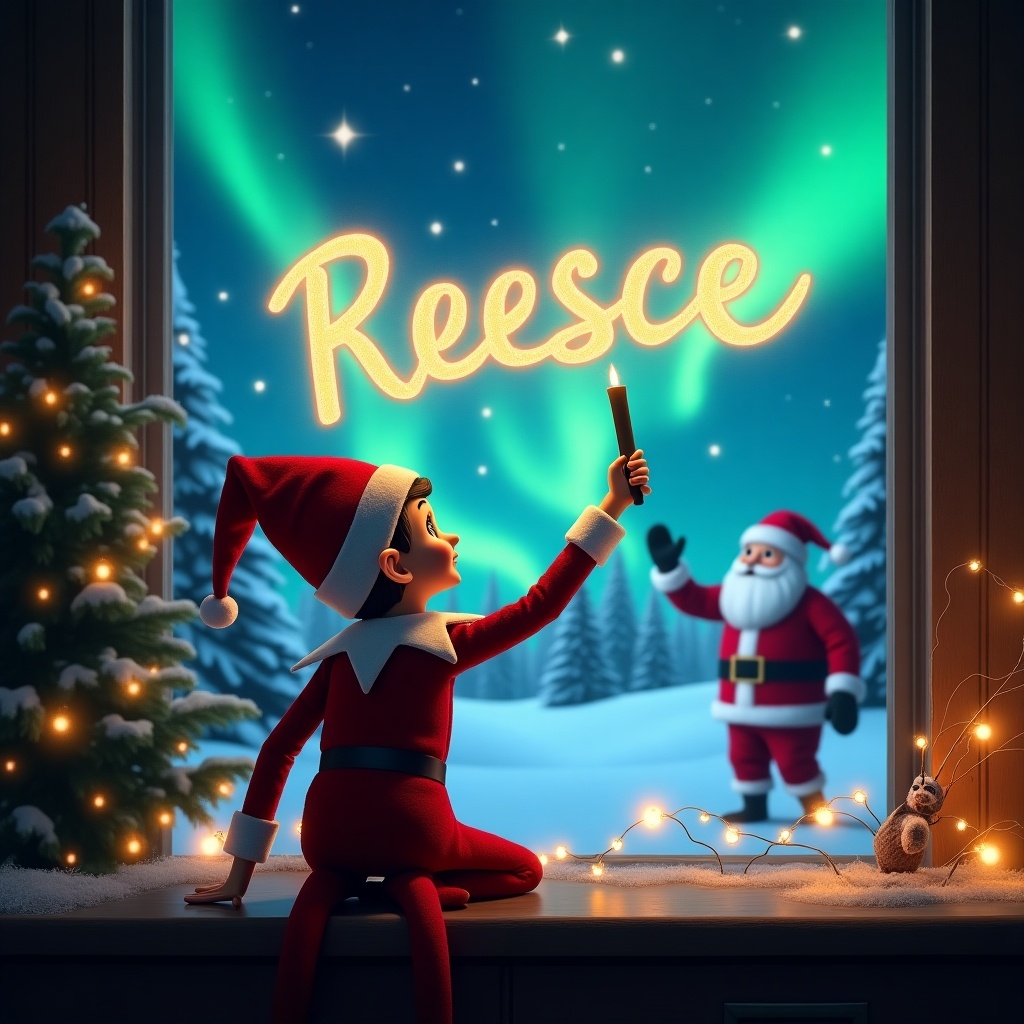 A cheerful elf with red and white clothing sits on a window ledge. The elf has his back turned to the viewer, gazing towards the sky. He holds a wand, using it to magically write 'Reece' in glowing letters. In the background, there are vibrant northern lights illuminating the snowy landscape. Santa Claus can be seen in the distance, adding to the festive atmosphere. Christmas trees are adorned with lights to enhance the holiday spirit.