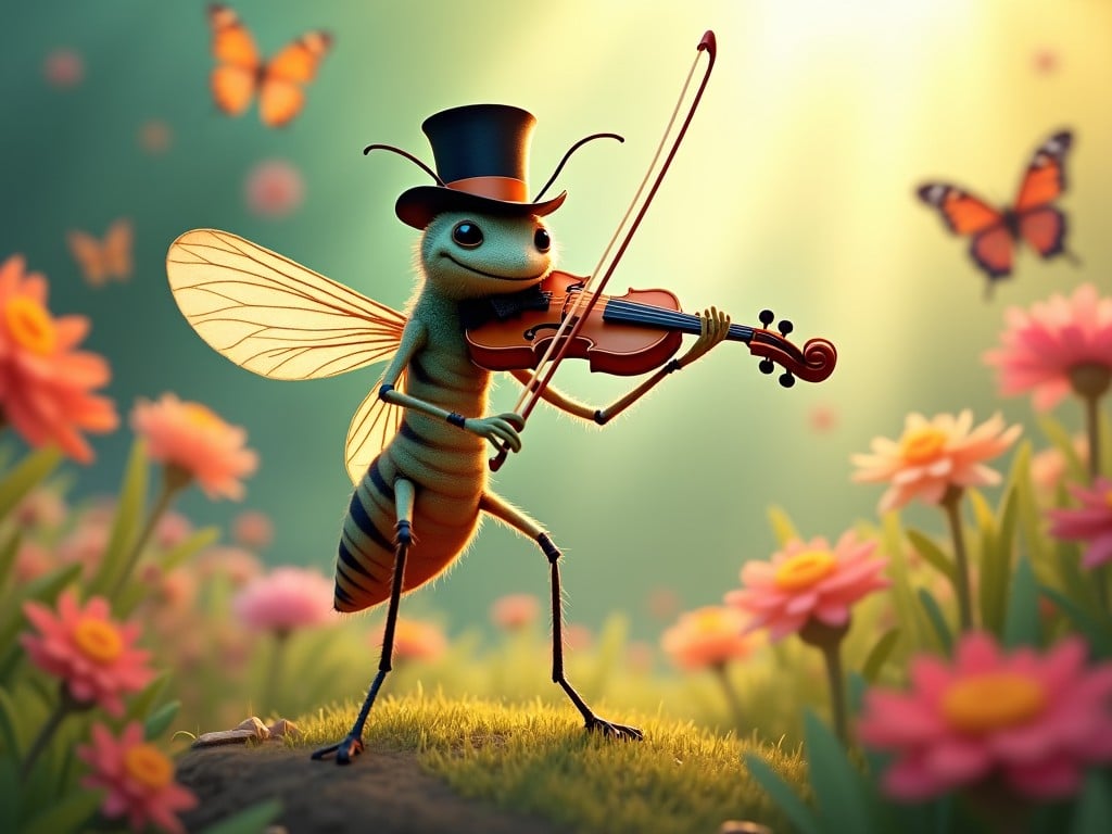 This image features a whimsical scene in a vibrant garden filled with flowers. A charming insect with a top hat is playing a violin, showcasing its musical talent. The background is animated with colorful butterflies fluttering around, enhancing the enchanting atmosphere. The lighting is warm and inviting, casting a magical glow over the entire scene. This delightful blend of nature and music creates an imaginative visual experience.