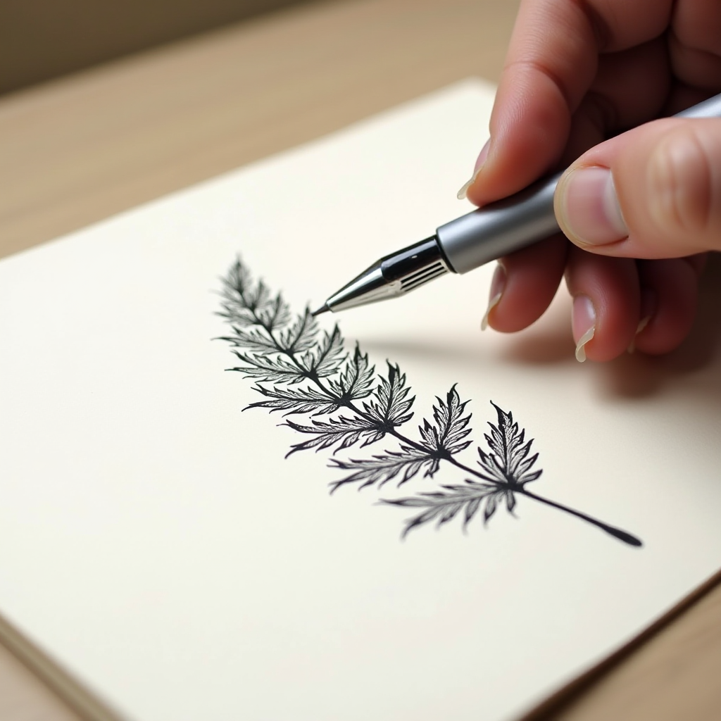 A hand is drawing intricate fern leaves on a piece of paper with a pen.