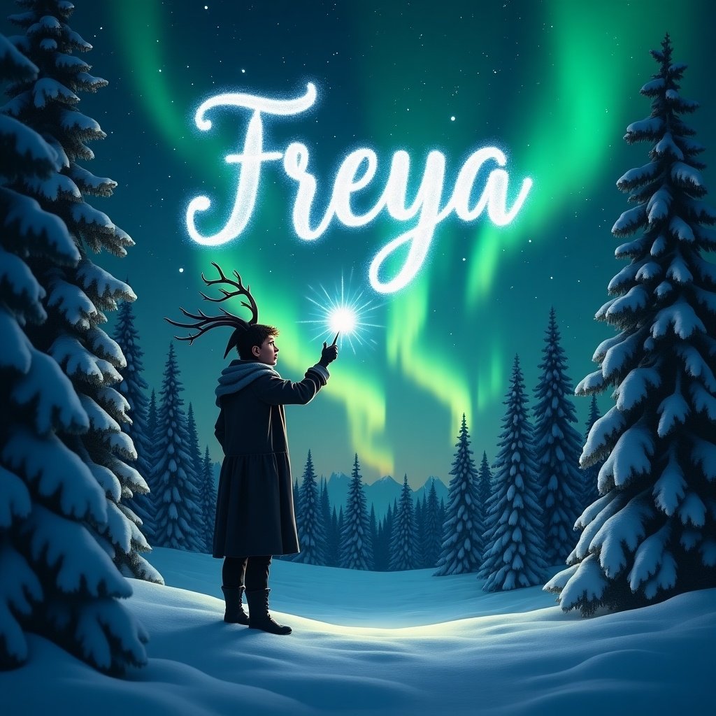 In a serene winter landscape, an elf stands amidst snow-covered trees. The sky is illuminated by vibrant northern lights in green and blue hues. The elf, adorned with antlers, gazes upward in awe. Holding a magic wand, the elf writes the name 'Freya' elegantly in shimmering text in the air. This mystical scene captures the wonder of a fairy tale.