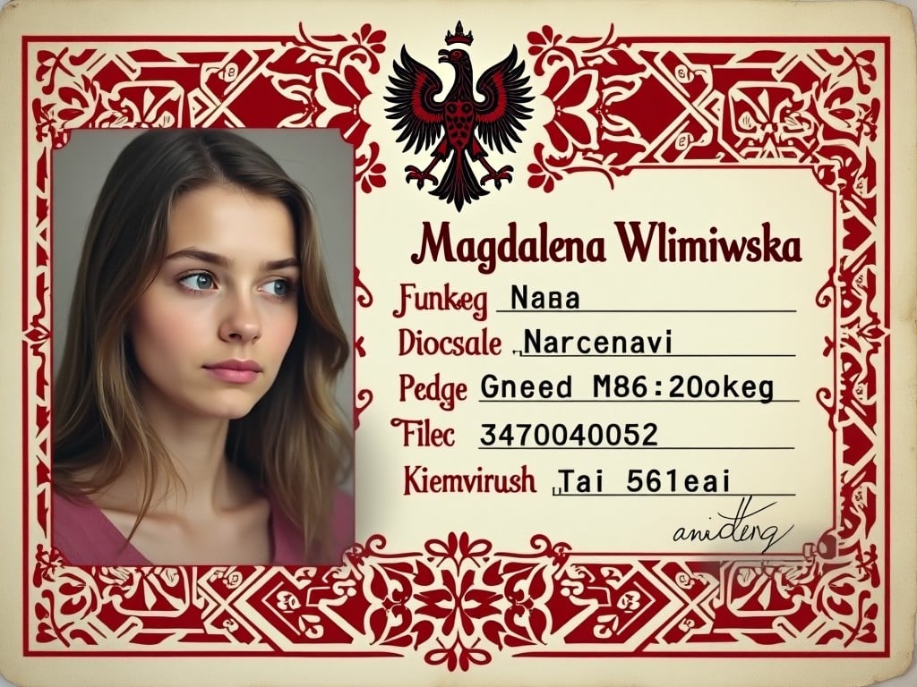 This image showcases a fictional Polish identity card featuring a young woman's portrait. It has a decorative border with traditional Polish floral motifs. The colors red and white symbolize Polish national pride. The card includes the name 'Magdalena Włimiwska' and other details written in an artistic font. The eagle emblem represents Poland and adds authenticity to the design. Overall, the card conveys a sense of cultural heritage.