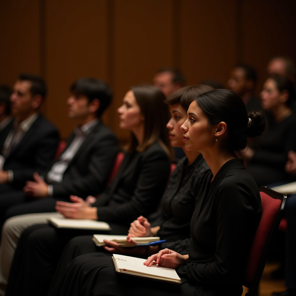 People are attentively sitting in chairs, holding notebooks, and watching a presentation.