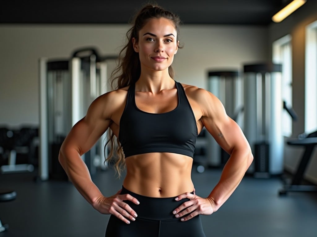 This image shows a confident and muscular woman in a gym. She wears a black sports bra and leggings, showcasing her toned physique. Her hands are on her hips, emphasizing her strength. The gym background features various equipment, reinforcing her fitness lifestyle. Bright lighting enhances the definition of her muscles, creating an inspiring scene.