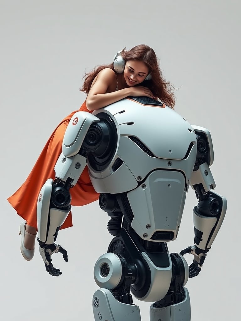 In this captivating image, a young woman, dressed in a flowing orange dress and wearing headphones, is affectionately embracing a large, futuristic robot. The robot's white and grey metallic surfaces are sleek and polished, suggesting advanced technology. The scene suggests a harmonious relationship between human and machine, evoking feelings of delight and curiosity about the future of technology.