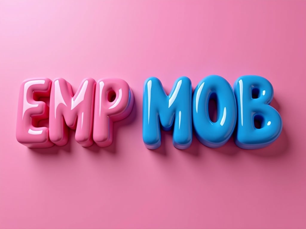 This image features the words 'EMP MOB' in large, 3D balloon-like letters. The letters 'EMP' are colored in a vibrant pink, while 'MOB' is in a bright blue. They stand out vividly against a pale pink background, creating a playful and bold visual effect. The reflective texture of the letters adds dimension, resembling glossy plastic or inflatable objects.