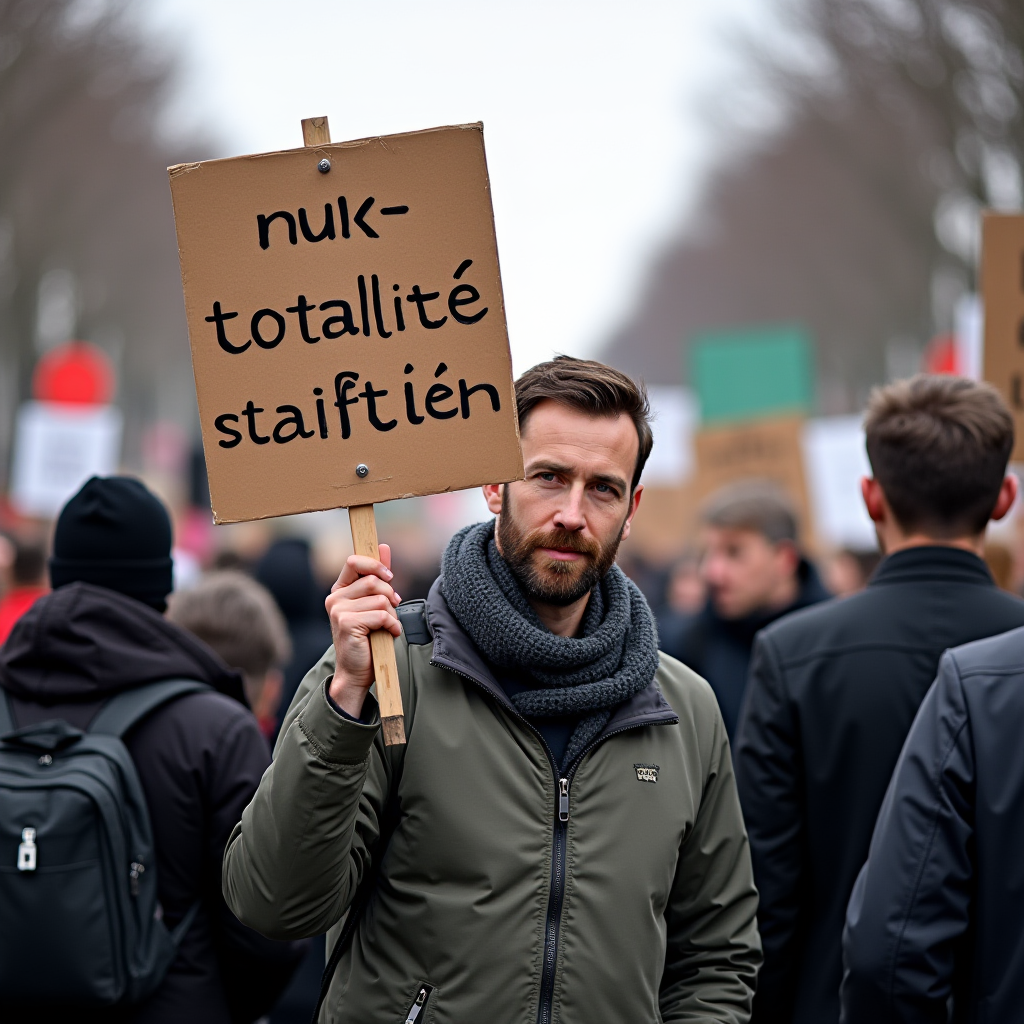 A man holds a sign at a protest, surrounded by a crowd of demonstrators.