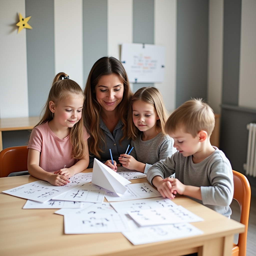 A teacher and three young children are sitting at a table, working on educational worksheets.